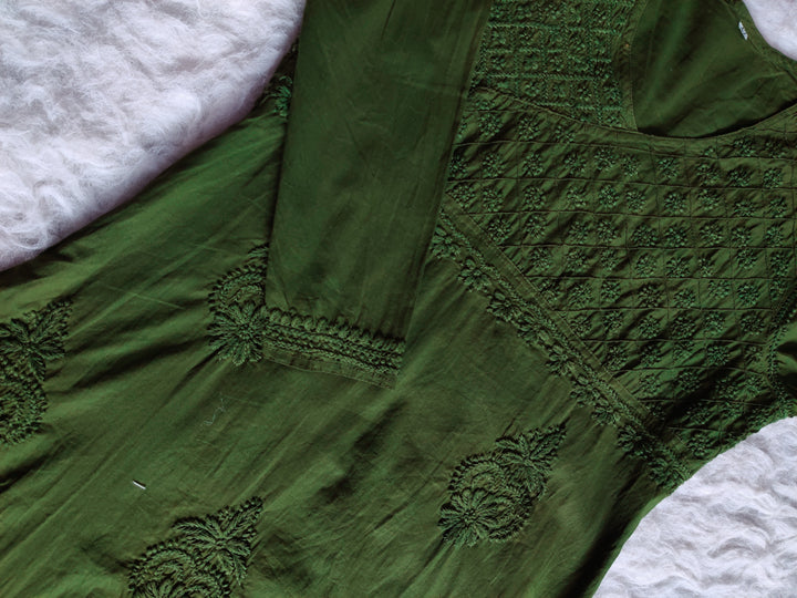 Olive Green Angarakha Kurta - Noor Chikankari