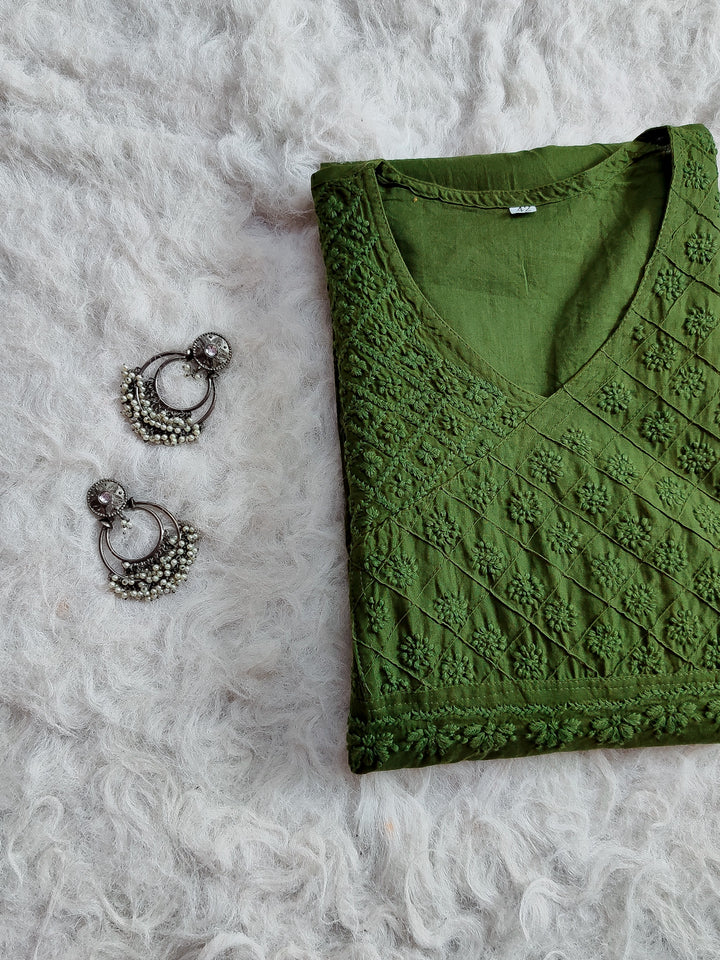 Olive Green Angarakha Kurta - Noor Chikankari