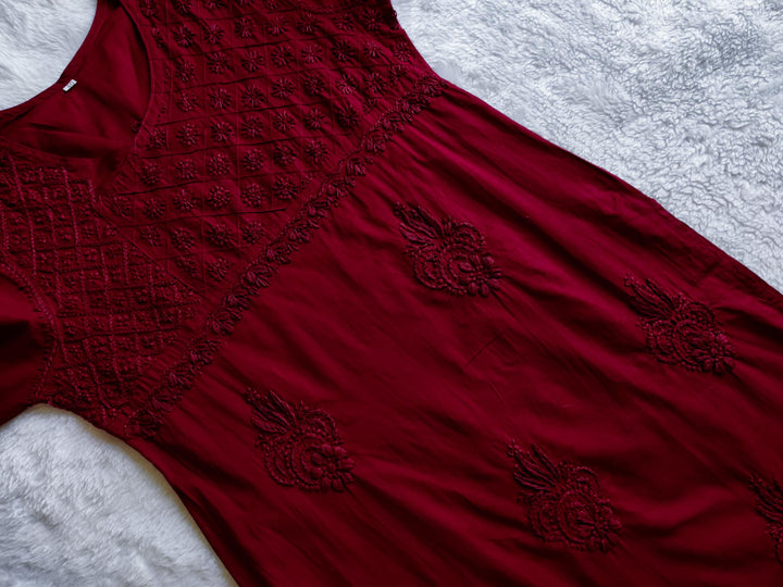 Maroon Cotton Angarakha Kurta - Noor Chikankari