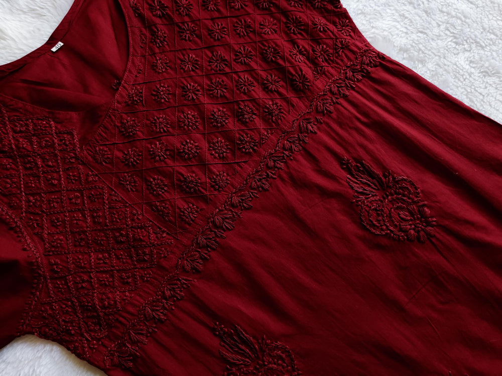 Maroon Cotton Angarakha Kurta - Noor Chikankari