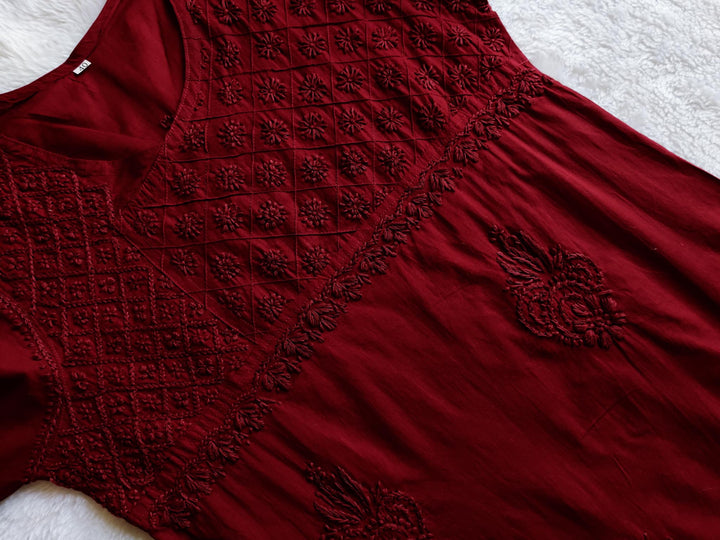 Maroon Cotton Angarakha Kurta - Noor Chikankari