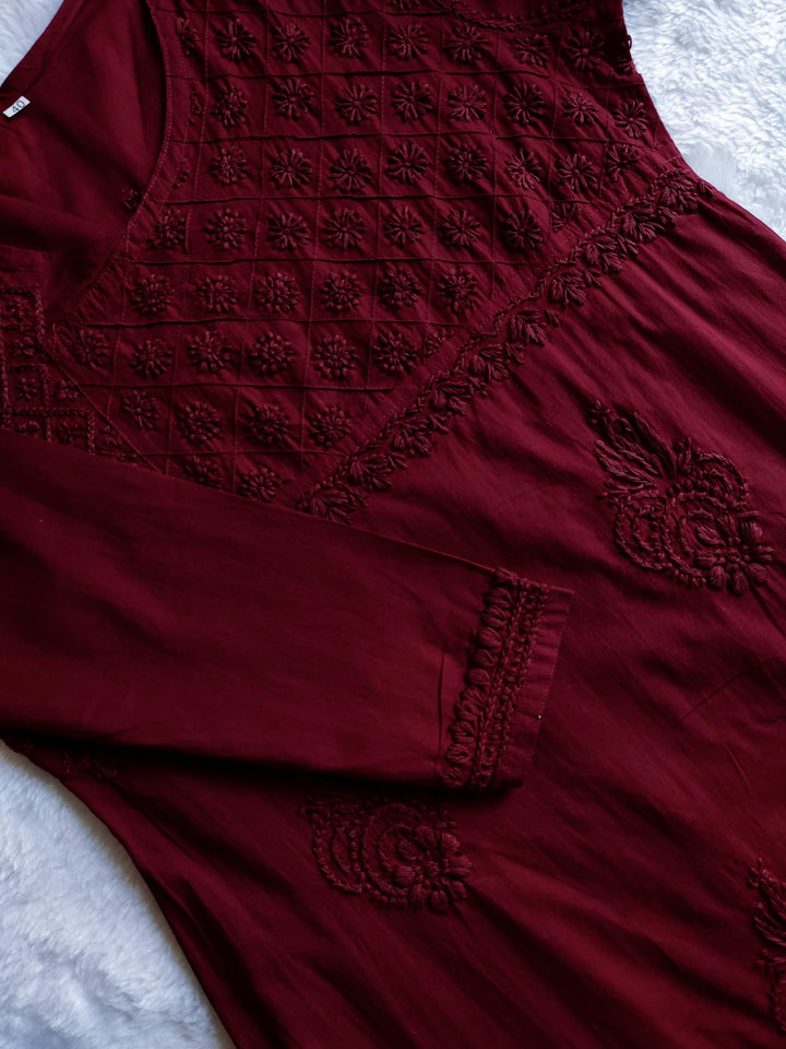 Maroon Cotton Angarakha Kurta - Noor Chikankari