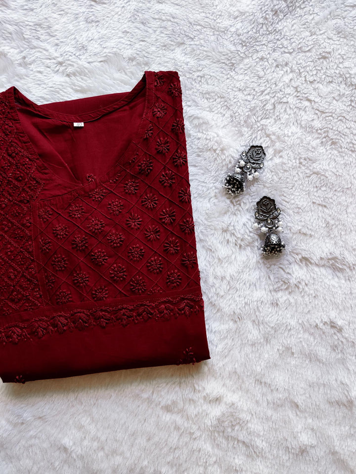 Maroon Cotton Angarakha Kurta - Noor Chikankari