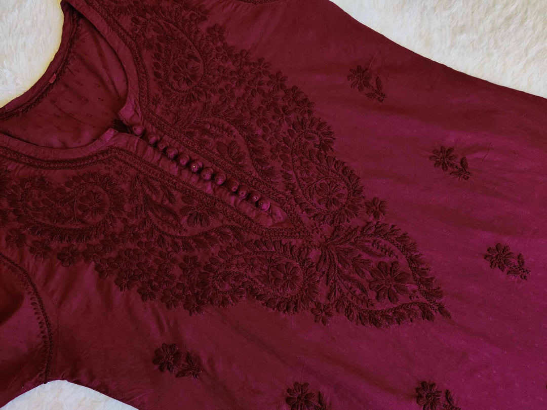 Nazakat maroon Cotton Kurta - Noor Chikankari