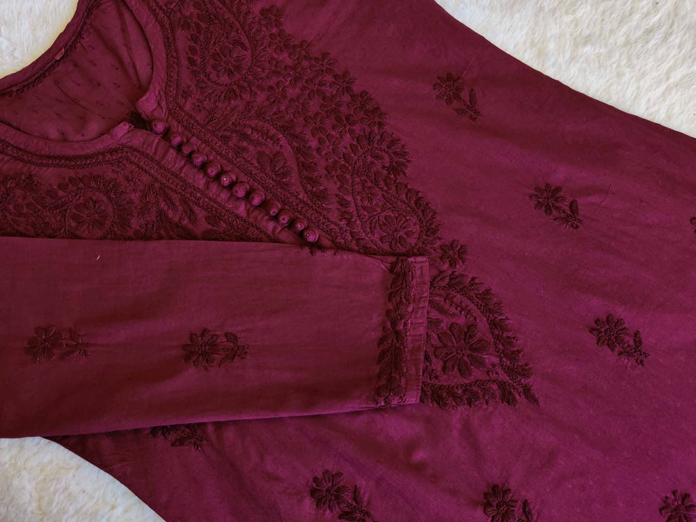 Nazakat maroon Cotton Kurta - Noor Chikankari