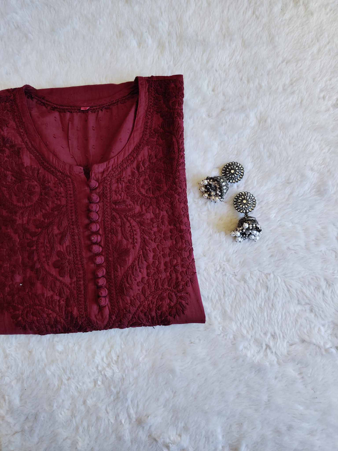 Nazakat maroon Cotton Kurta - Noor Chikankari