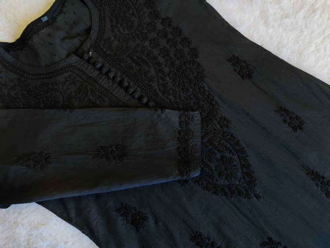 Nazakat Black Cotton Kurta - Noor Chikankari