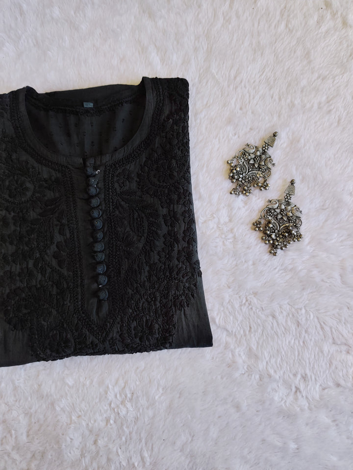 Nazakat Black Cotton Kurta - Noor Chikankari