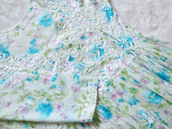 White & Blue Floral Mulmul Fit and Flare Long Angarakha