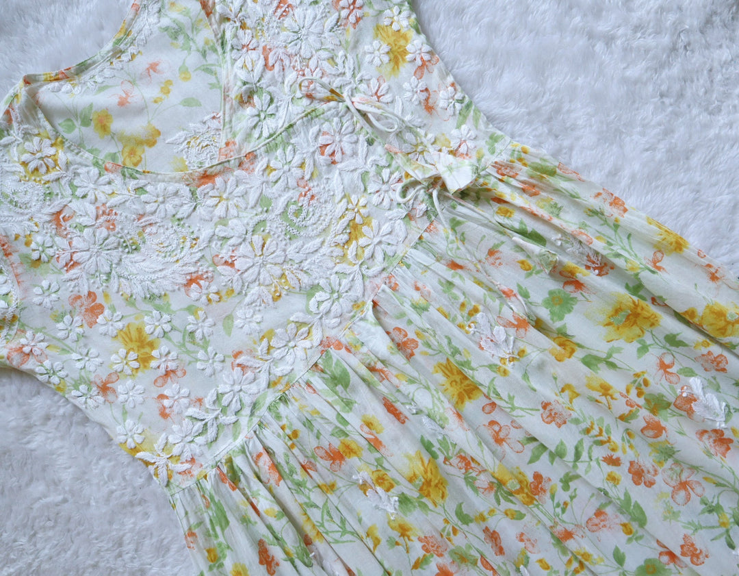 White & Yellow Floral Mulmul Fit and Flare Long Angarakha