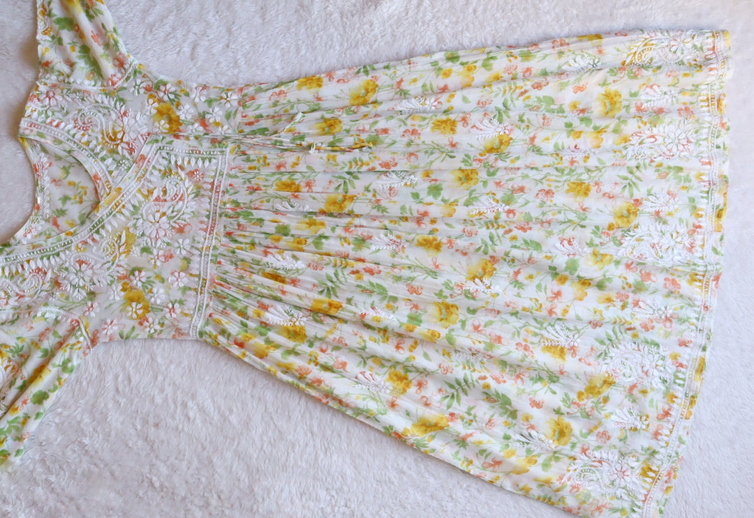White & Yellow Floral Mulmul Fit and Flare Long Angarakha