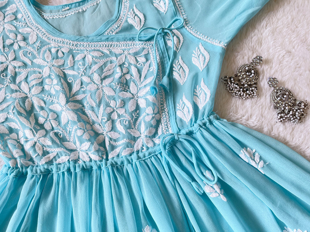 Sky Blue & White Georgette Angrakha frock