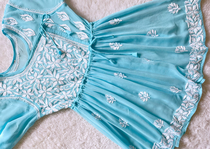 Sky Blue & White Georgette Angrakha frock