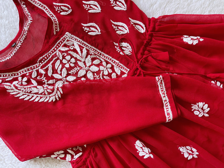 Red & White Georgette Angrakha frock