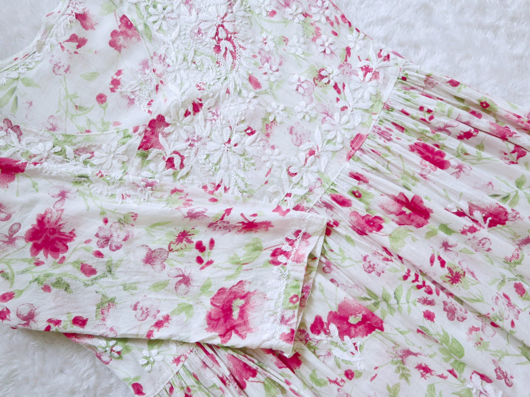 White & Pink Floral Mulmul Fit and Flare Long Angarakha
