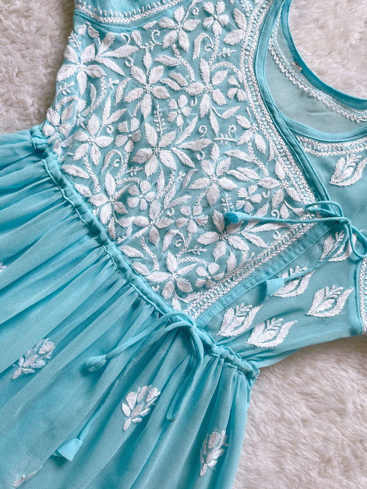 Sky Blue & White Georgette Angrakha frock