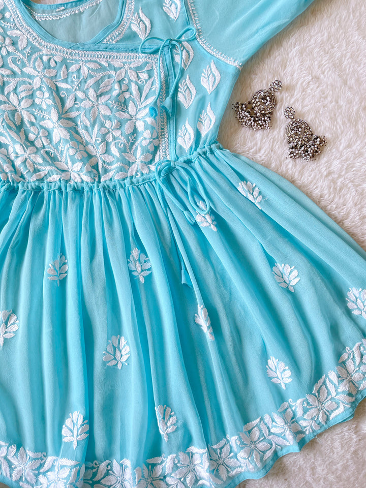 Sky Blue & White Georgette Angrakha frock