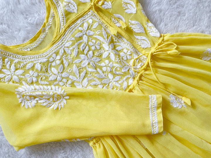 Yellow & White Georgette Angrakha frock